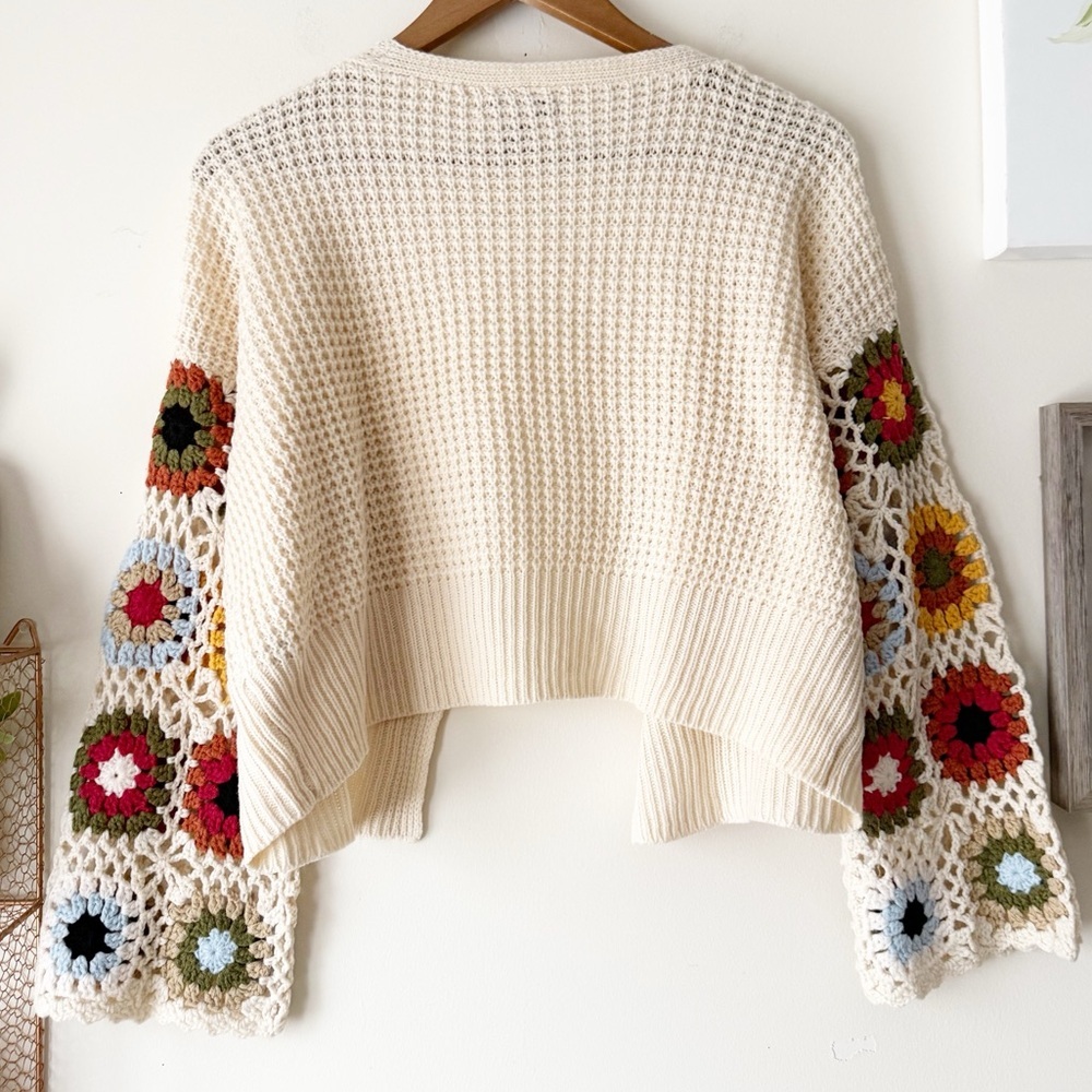 Boho Crochet Granny Square Sleeve Cardigan Cream Open Knit Sweater Size Small - Picture 13 of 16
